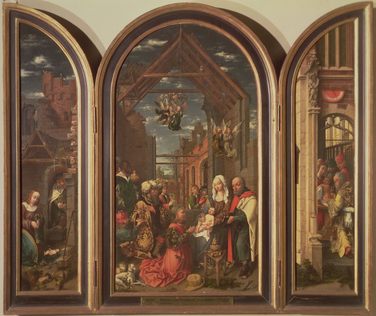 Triptych, som viser tilbedelsen av magiene (i midten), fødselen (til venstre) og omskjæringen (til høyre), ca. 1512 (panel) av Master of Frankfurt