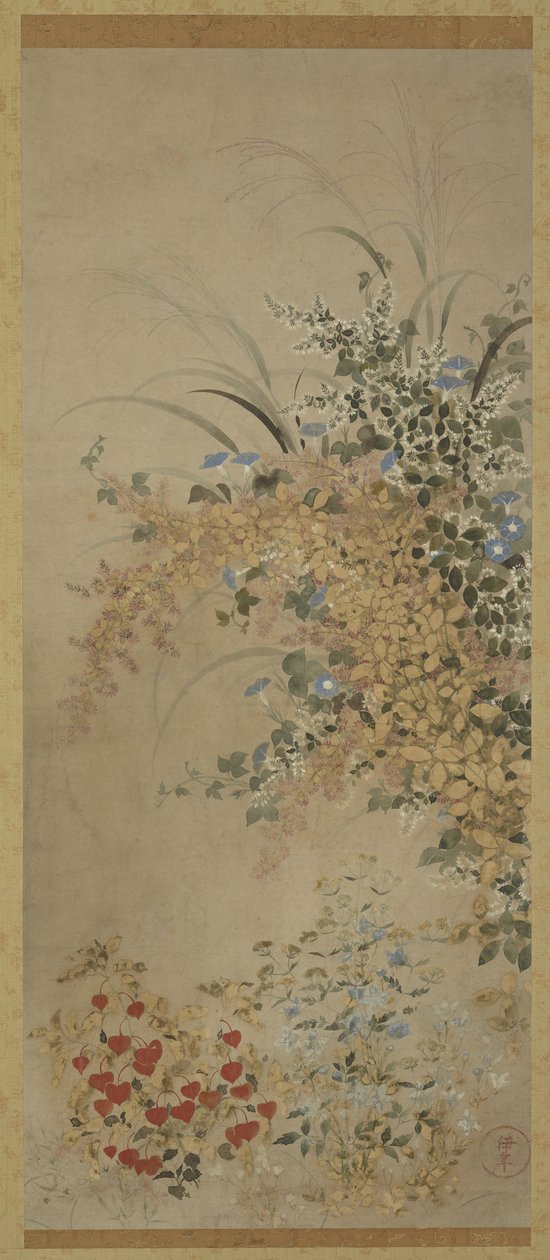 Blomster og gress, hengende rulle (montert på panel), 1600-30 (blekk og farge på papir) av Master of I nen Seal