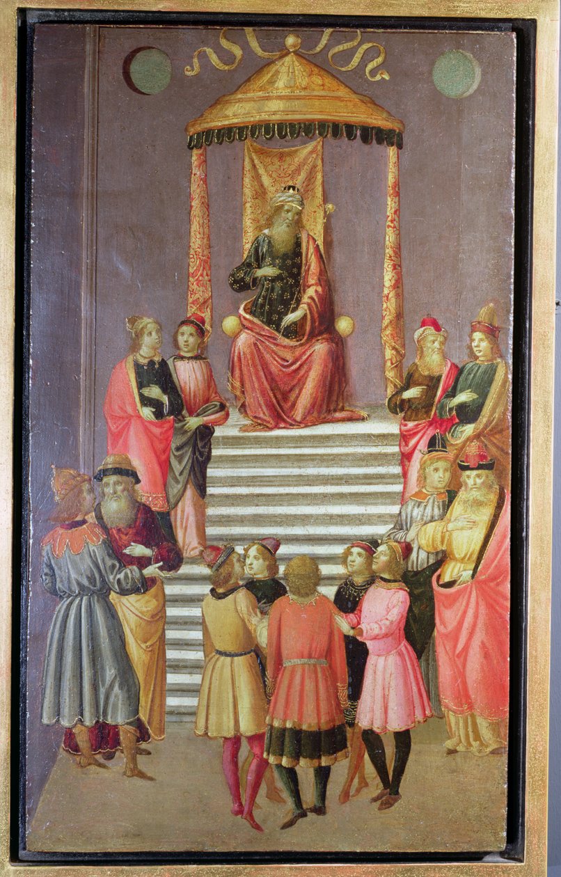 Nebukadnesar stiller spørsmål ved Daniel og hans følgesvenner (tempera på panel) av Master of Marradi