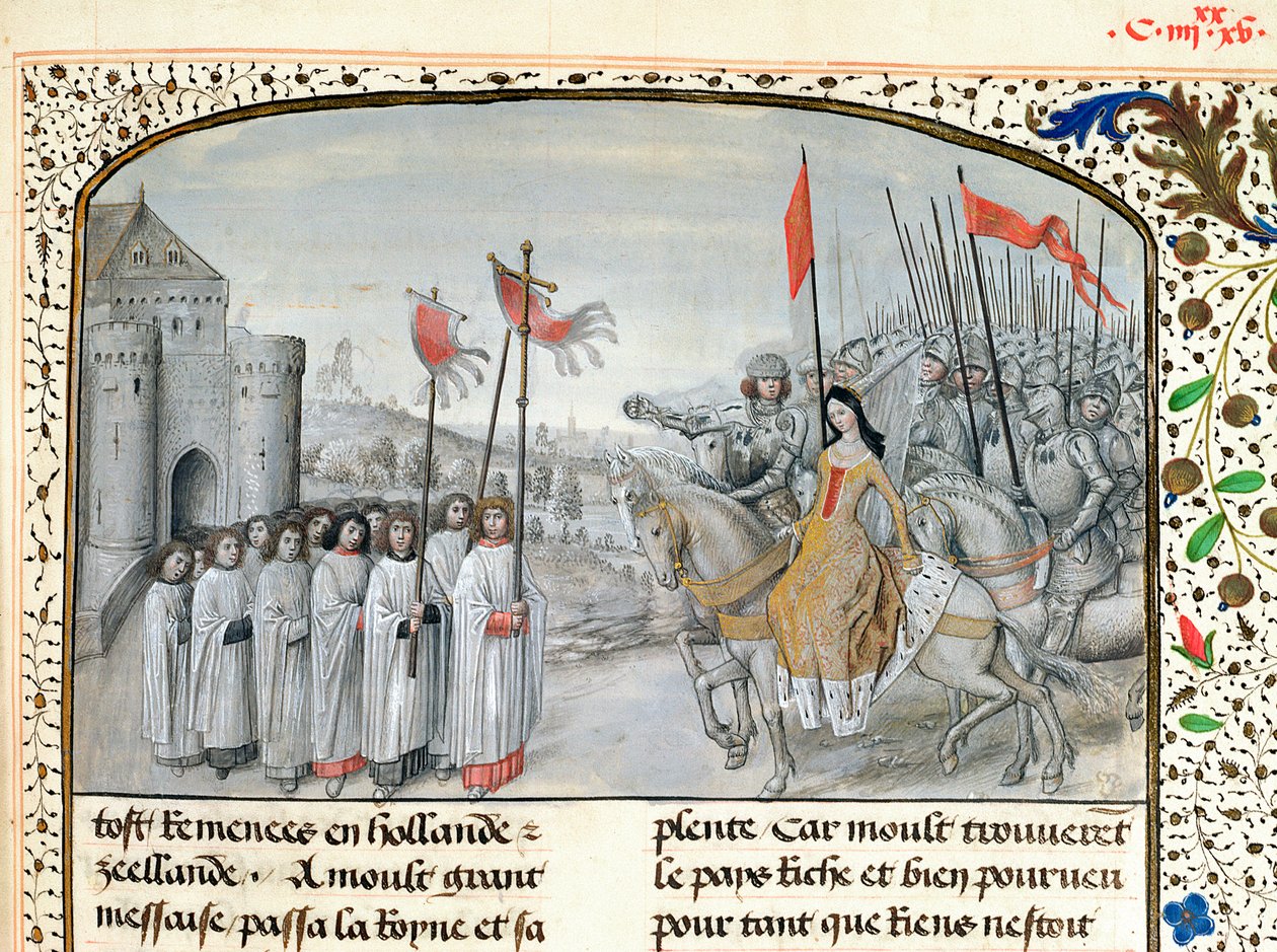 Ms 659 f.195. Dronning Isabella (1292-1358) av Frankrike og hennes sønn Edward III (1312-77) blir ønsket velkommen i Oxford i 1326, 1477 av Master of Mary of Burgundy