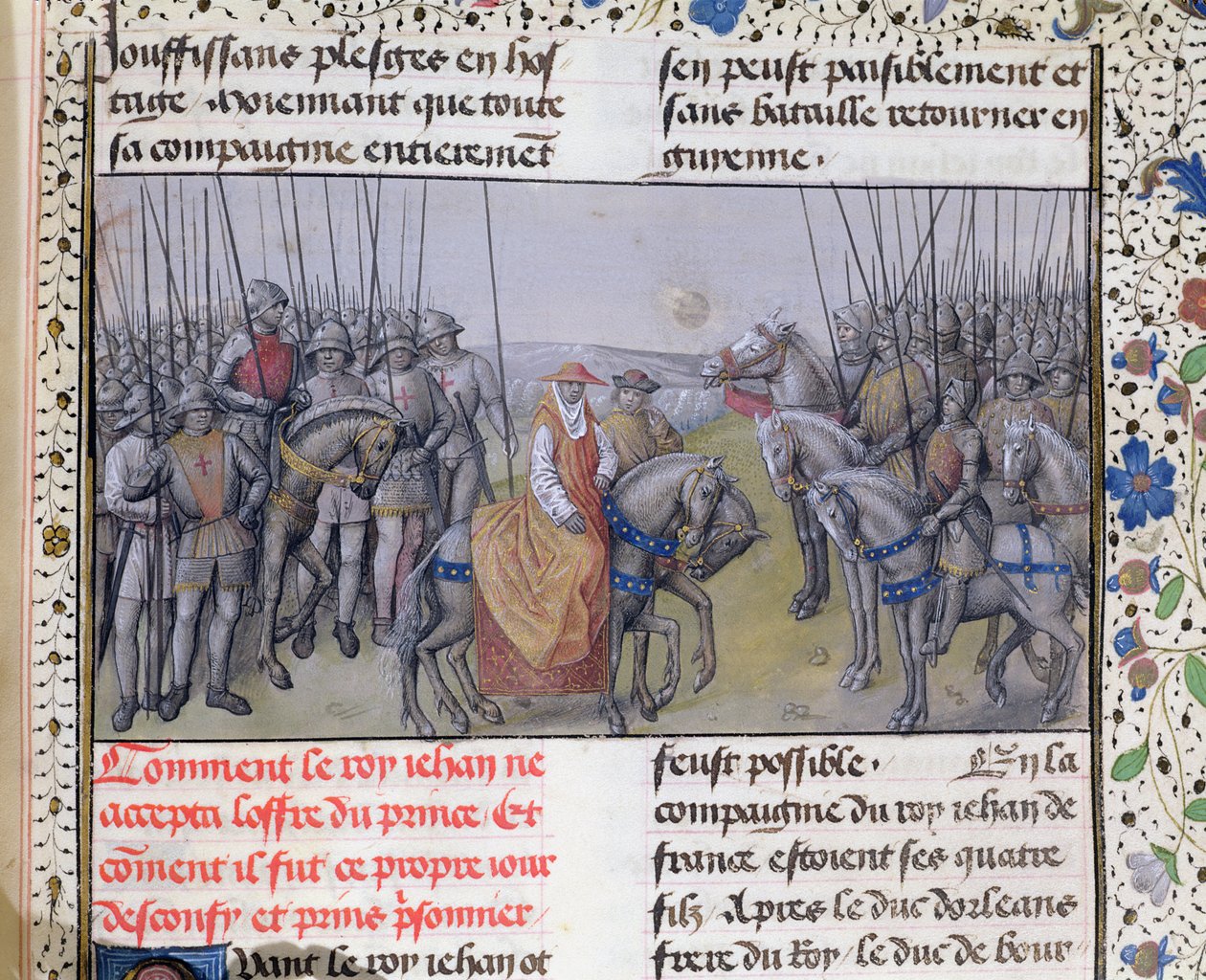Ms 659 f.267 r. Johannes II den gode ble tatt til fange av engelskmennene i slaget ved Poitiers, 1356 av Master of Mary of Burgundy