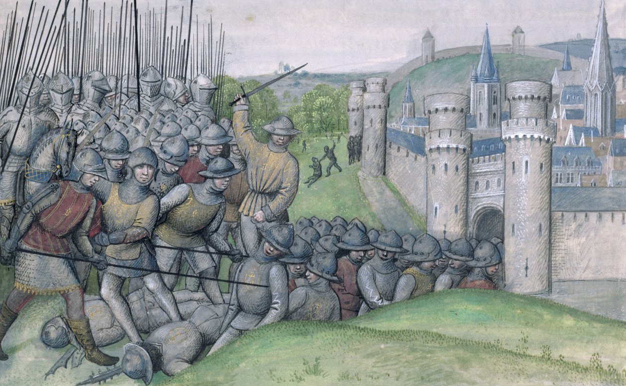 Ms 659 f.282r Louis, greve av Flandern og byen Brugge blir beseiret av Filips van Artefelde og folket i Gent i slaget ved Bevenhoutsveld i 1382, 1477 av Master of Mary of Burgundy