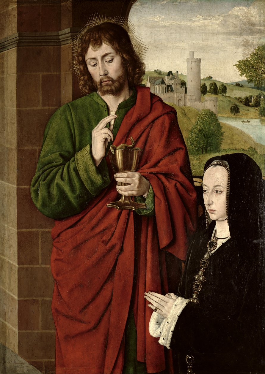 Anne av Frankrike (1462-1522) Dame av Beaujeu, hertuginne av Bourbon, presentert av St. John the Evangelist, høyre side av en triptyk, ca. 1492-93 (panel på panel) av Master of Moulins