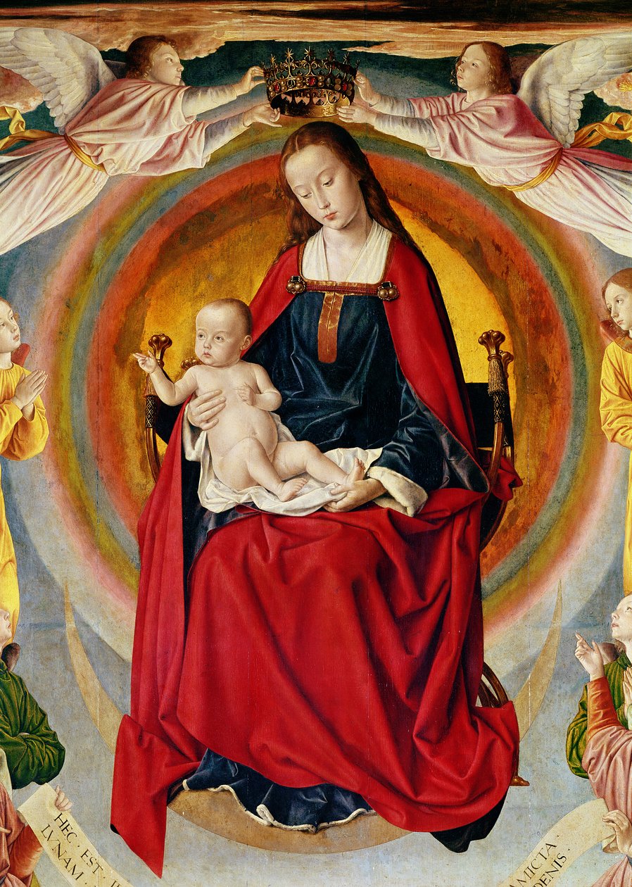 The Coronation of the Virgin, detalj fra Bourbon-altertavlen, ca. 1498 (detalj av 57630) av Master of Moulins