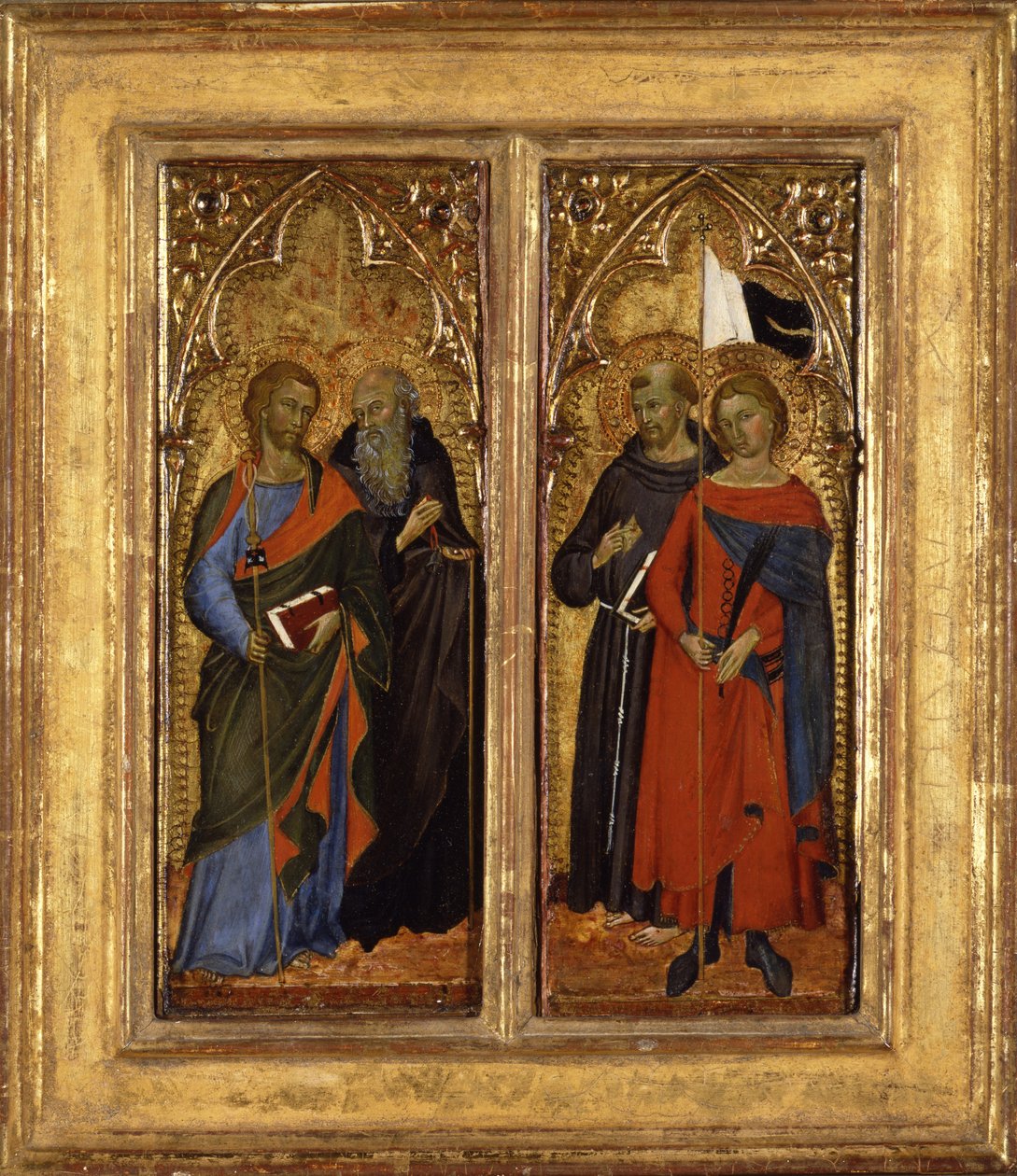 Saints James, Anthony Abbot, Francis og Ansanus, ca. 1385-90 (tempera på panel) av Master of Panzano