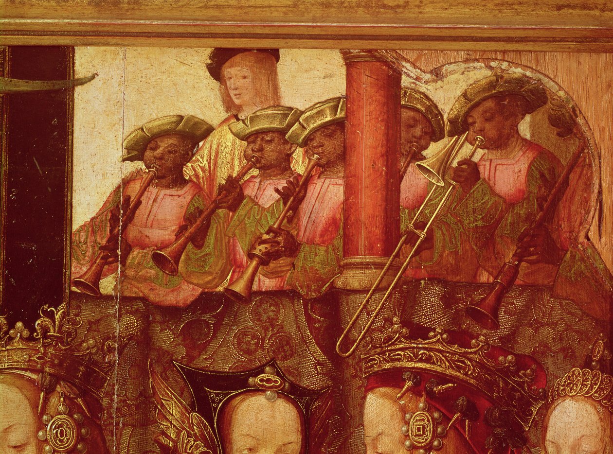 Forlovelsen til St. Ursula og Prins Etherius, detalj av de svarte musikerne, ca. 1520 av Master of Saint Auta