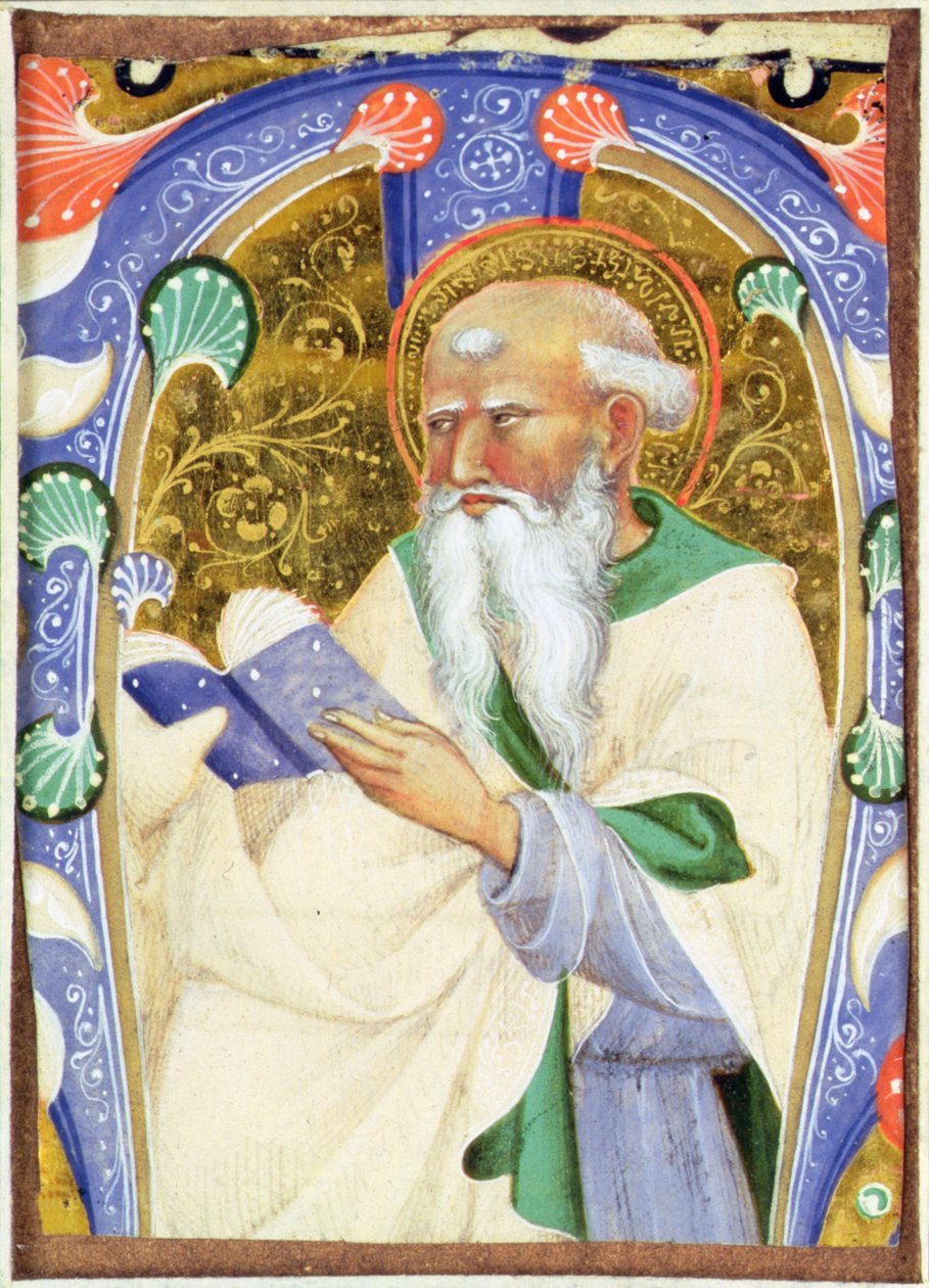 Historikert initial M som viser en skjeggete helgen med en bok av Master of San Michele of Murano
