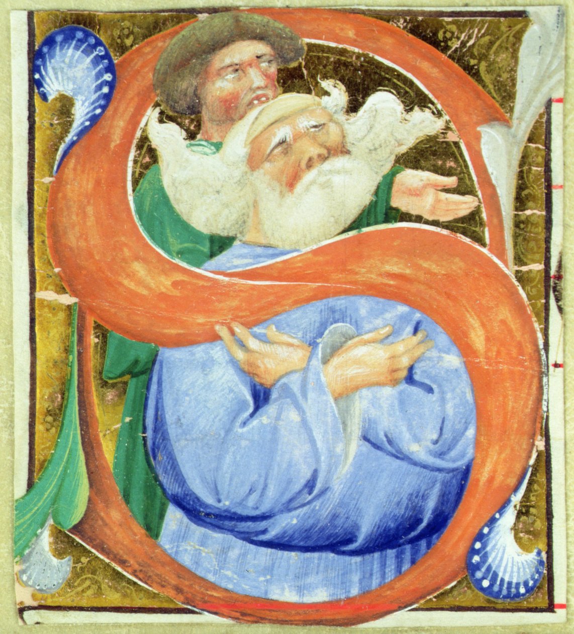 Historikert initial S som viser en gammel mann som ber av Master of San Michele of Murano