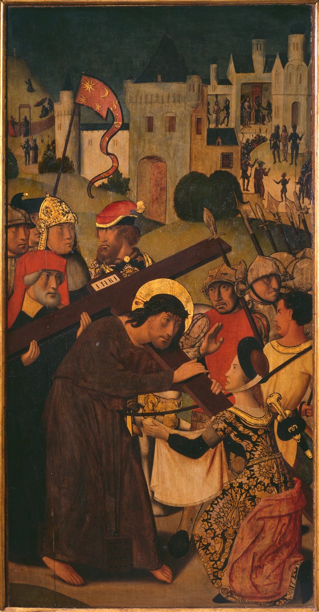 Passion Triptych, the Carrying of the Cross, venstre panel (se også 345855, 345856, 345858) av Master of St. Godelieve Legend