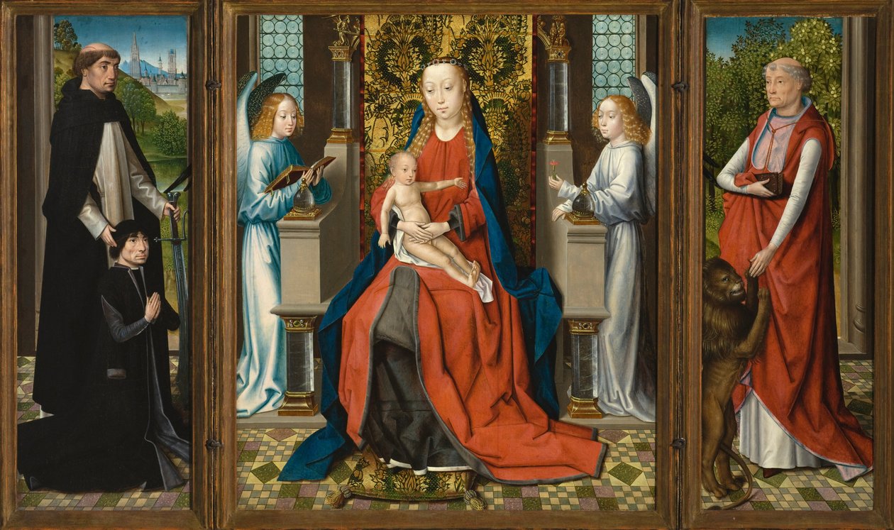 Triptych av Madonna og barn med engler; Donor og hans skytshelgen Peter Martyr; og Saint Jerome av Master of The Legend of St. Lucy