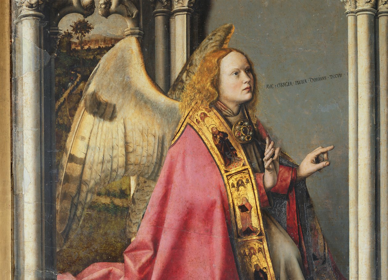 Engelen, Gabriel, forkynner Jomfru Maria, ca. 1445 (detalj av 26541) av Master of the Aix Annunciation