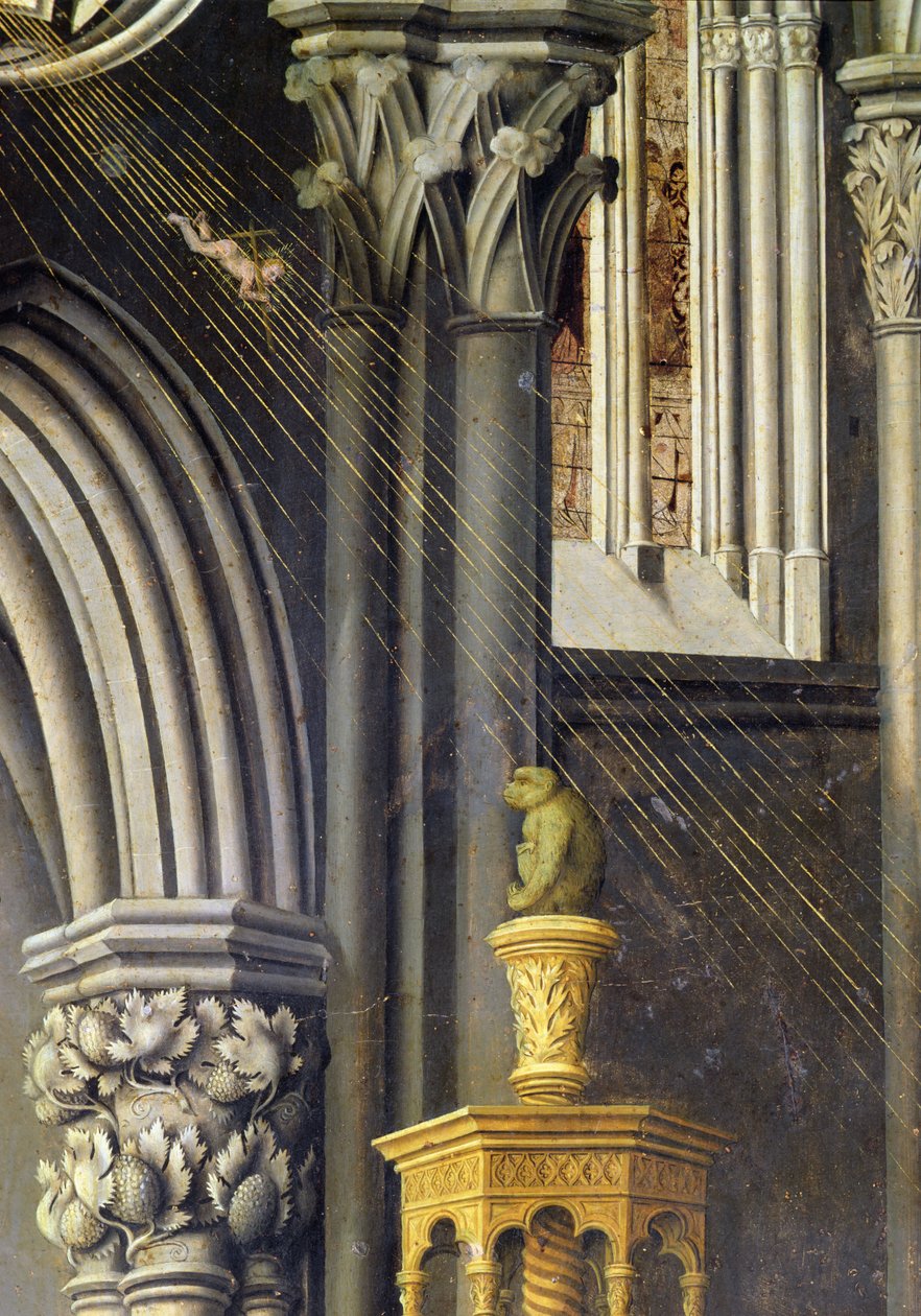 Jesusbarnet faller fra Gud Fader i himmelen i en lysstråle. ca. 1445 av Master of the Aix Annunciation