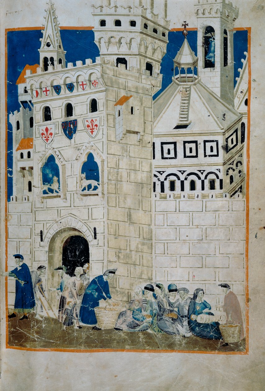De fattige i Siena ønsket velkommen til Firenze (Codice Tempi 3, ca. 58), miniatyr fra Biadaiolo Codex av Master of the Biadaiolo Codex Master of the Biadaiolo Codex