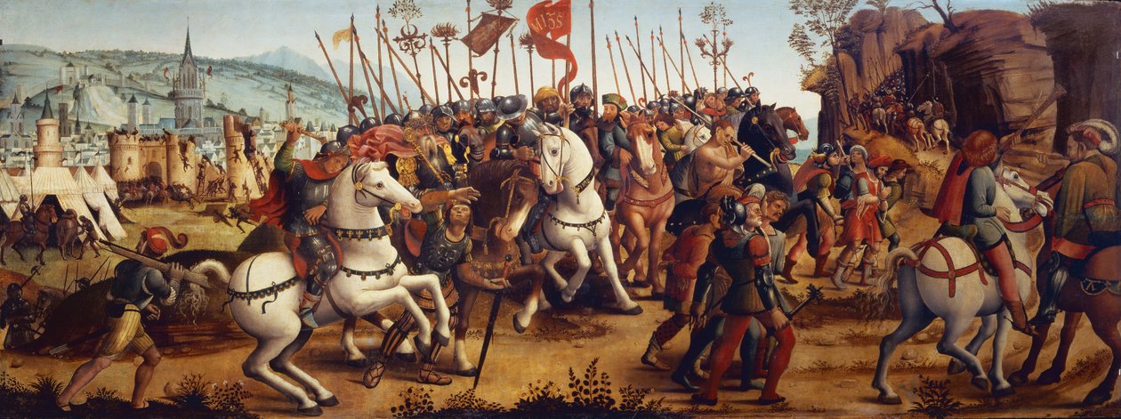 Athens nederlag av Minos, kongen av Kreta, fra historien om Thesevs av Master of the Campana Cassoni