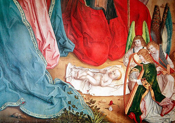 Detalj av tilbedelse av hyrdene, ytterst til venstre panel fra bordet på høyalteret, 1480 av Master of the Carnation