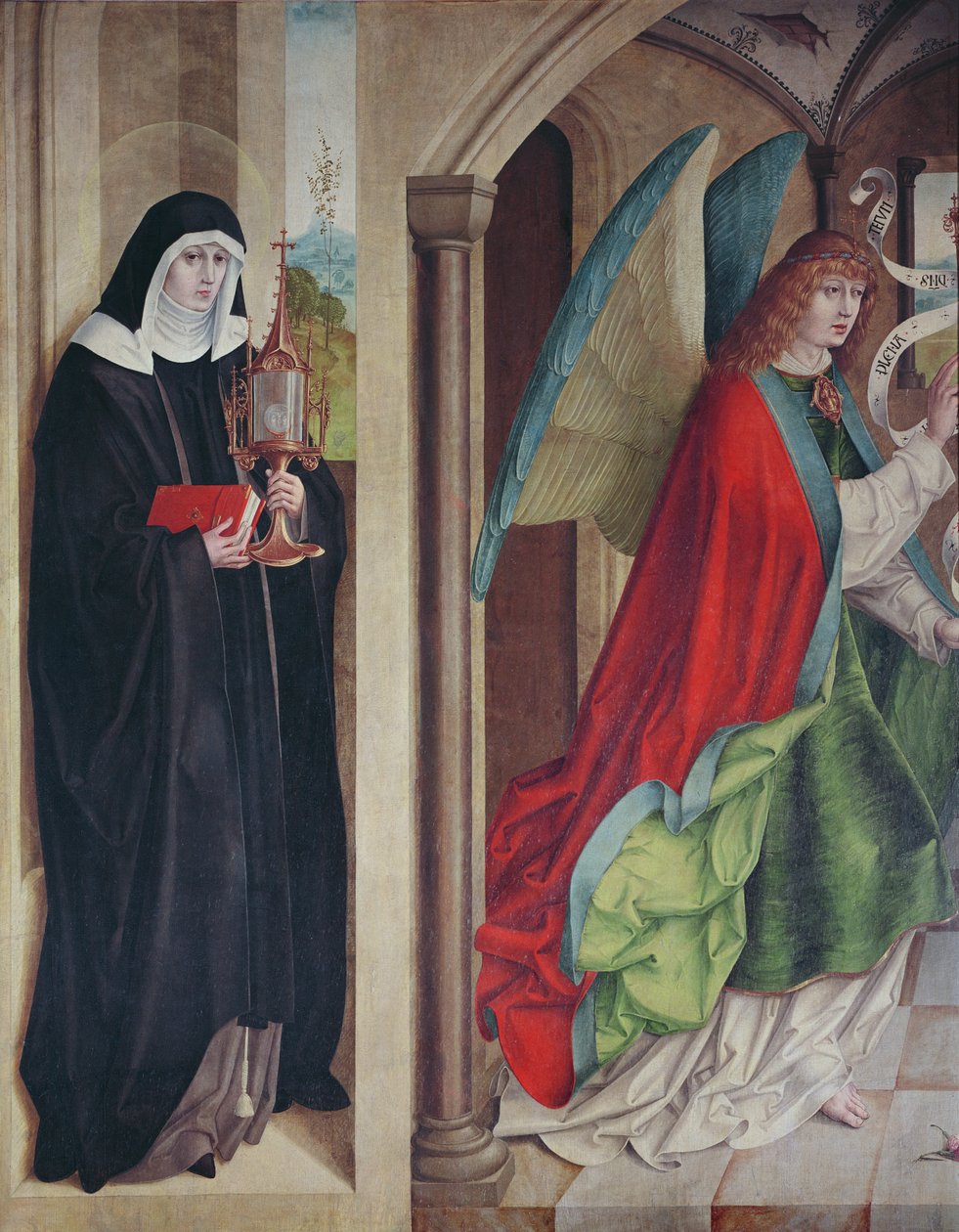 Bebudelsen med St. Clare of Assisi, venstre panel på bordet når det er lukket, 1480 av Master of the Carnation