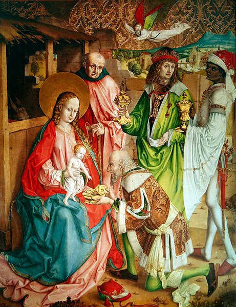 Adoration of the Magi, ytterst til høyre panel fra retablet på høyalteret, 1480 av Master of the Carnation