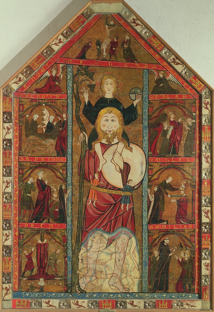 St. Christopher og spedbarnet Kristus, avsetningen og scener fra de helliges liv av Master of the Castilian School