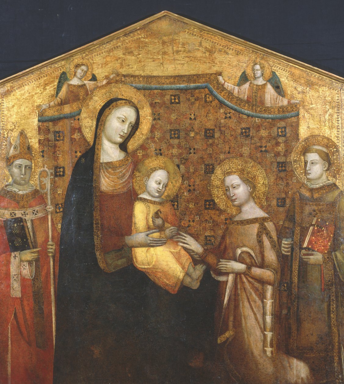 Mystisk ekteskap av St. Katarina av Alexandria, med de hellige Zenobio og Leonard (tempera på panel) av Master of the Christchurch Coronation