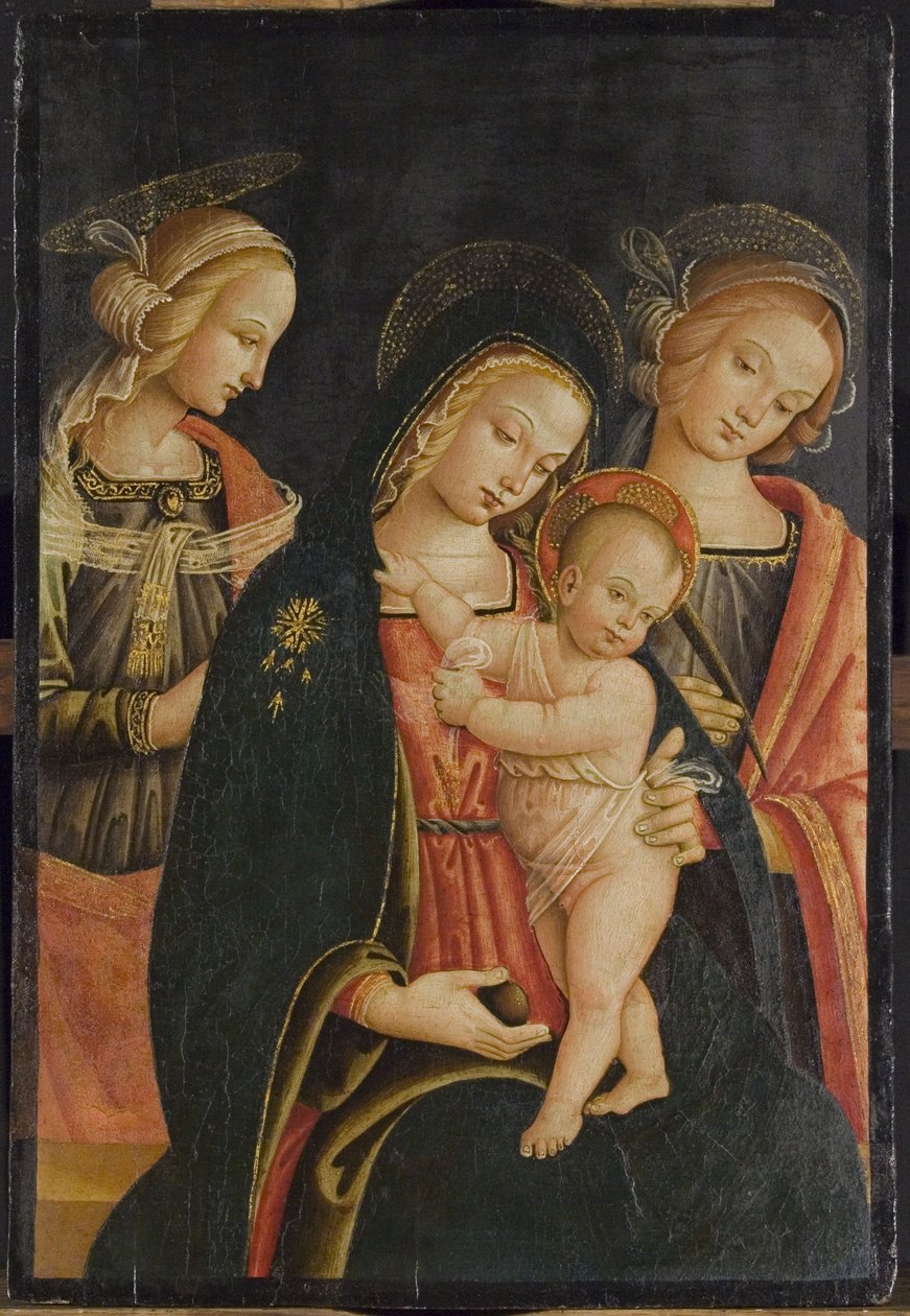 Madonnaen og barnet med to kvinnelige hellige, ca. 1500 av Master of the Cortona Tondo