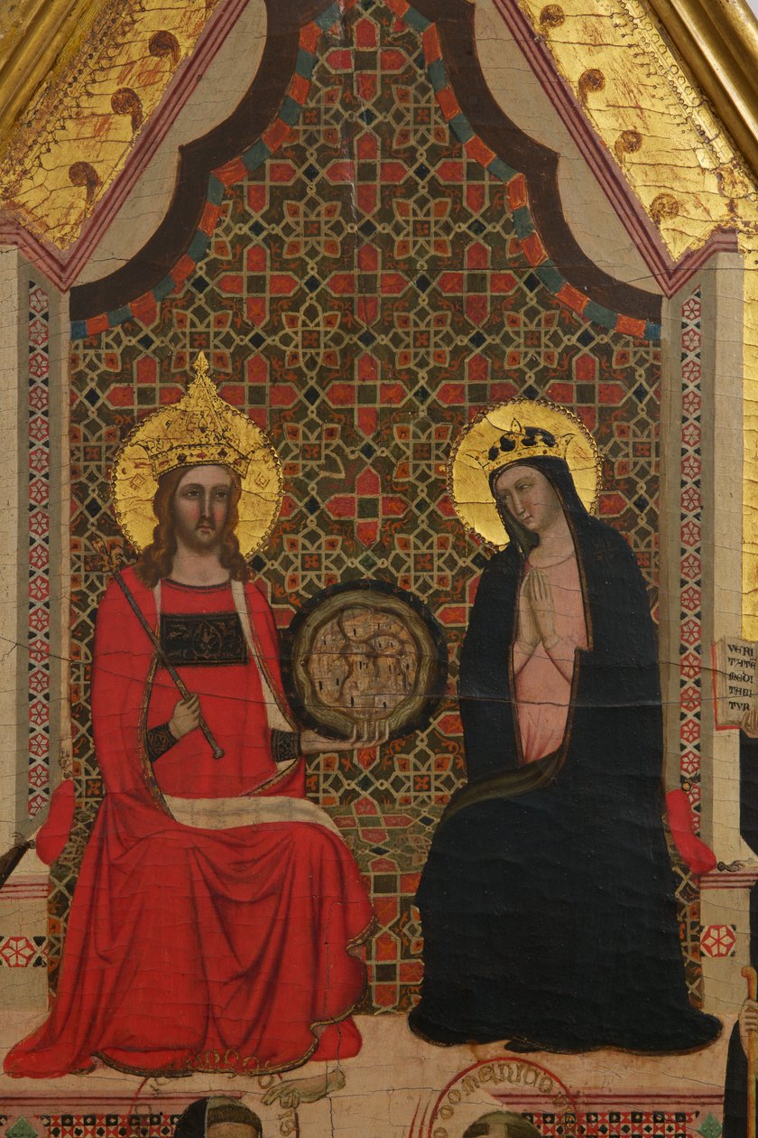 Detalj av jomfruen, Kristus og de 17 helliges tempera på panel av Master of the Dominican Effigies