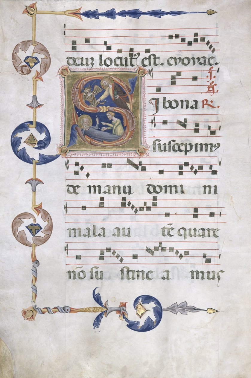 Ms 564 f.13v Side med historikk initial 'S' som viser The Constancy of Job, tidlig på 1300-tallet av Master of the Dominican Effigies