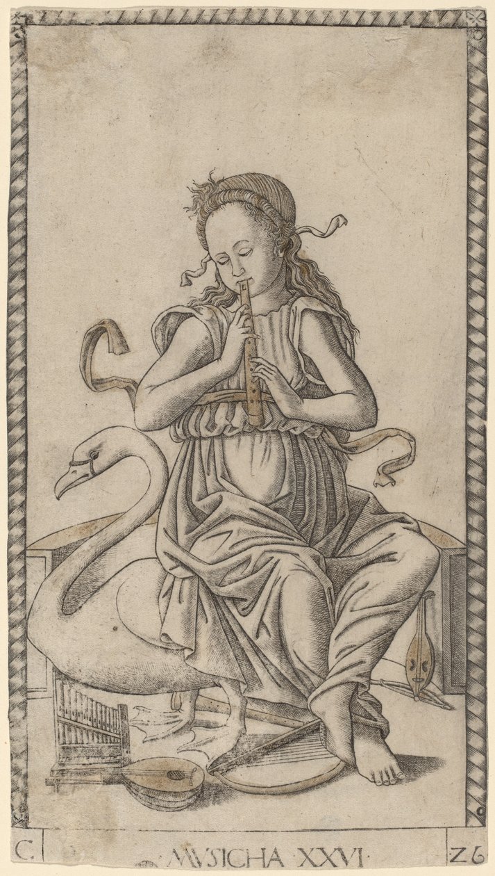 Musicha (Musikk) ca. 1465 (gravering med forgylling) av Master of the E Series Tarocchi