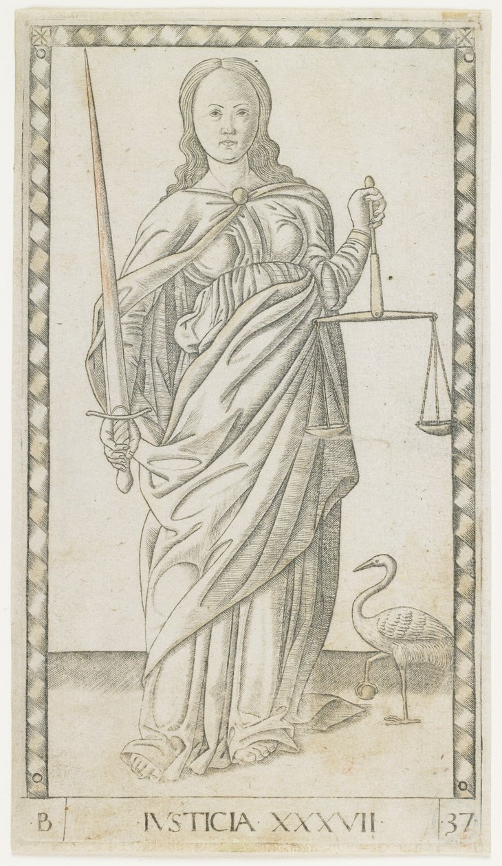Justice, ca. 1465 (gravering forsterket med gull) av Master of the E Series Tarocchi Master of the E Series Tarocchi