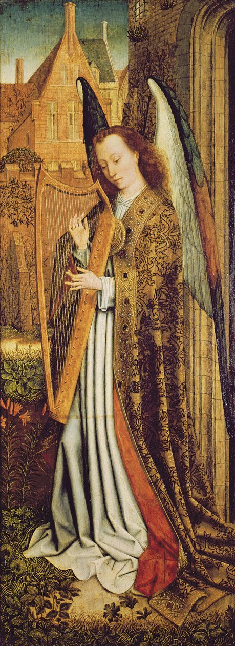 Jomfruen og barnet med engler, høyre panel som viser en englemusiker av Master of the Embroidered Foliage
