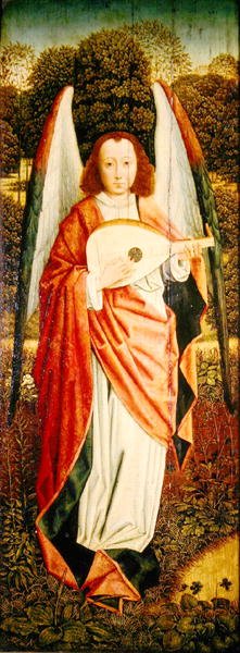 The Virgin and Child with Angels, venstre panel som viser en englemusiker av Master of the Embroidered Foliage