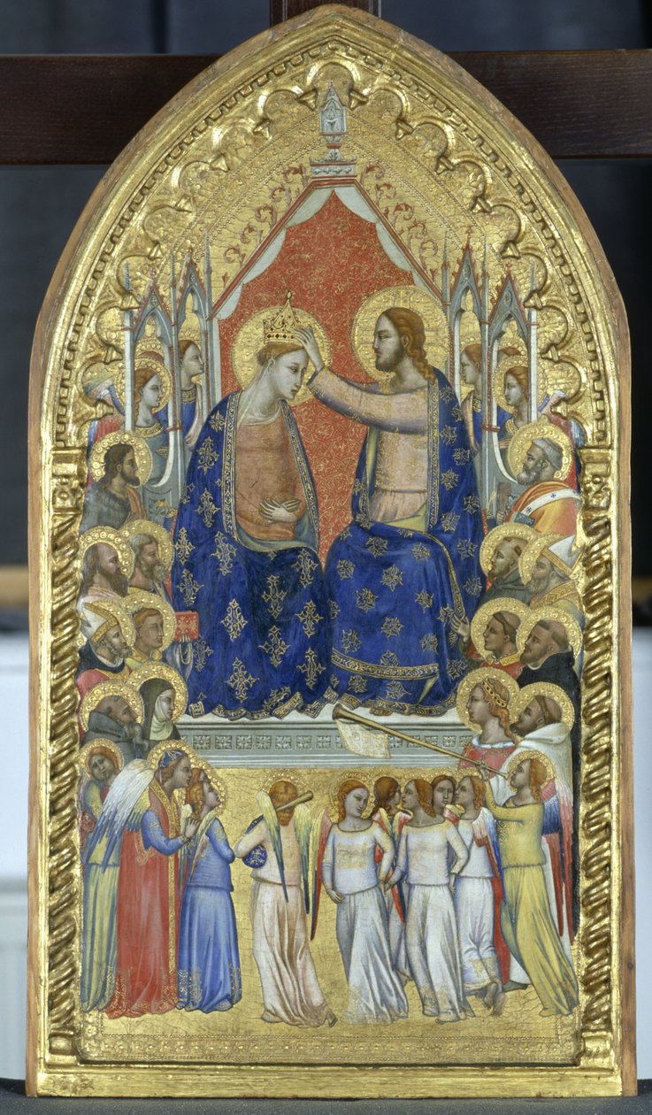 Kroning av jomfruen med engler og helgener, ca. 1360 (tempera på poppeltre) av Master of the Fabriano Altarpiece attr. to Master of the Fabriano Altarpiece attr. to