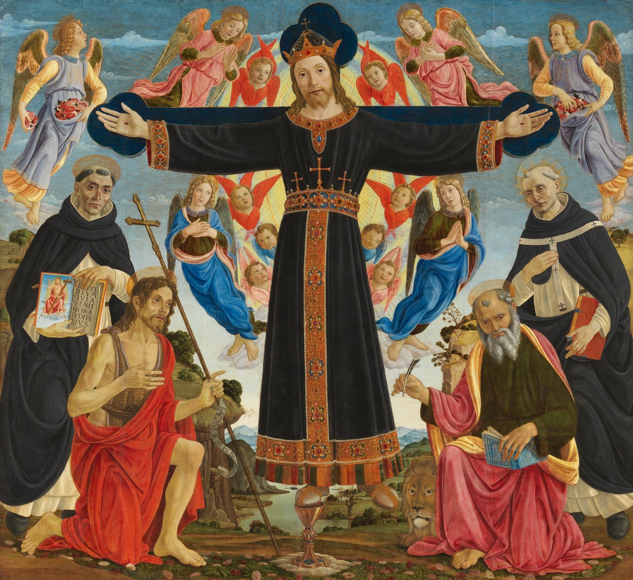 Kristus på korset med de hellige Vincent Ferre, døperen Johannes, Markus og Antonius, ca. 1491-5 (tempera og olje på panel) av Master of the Fiesole Epiphany