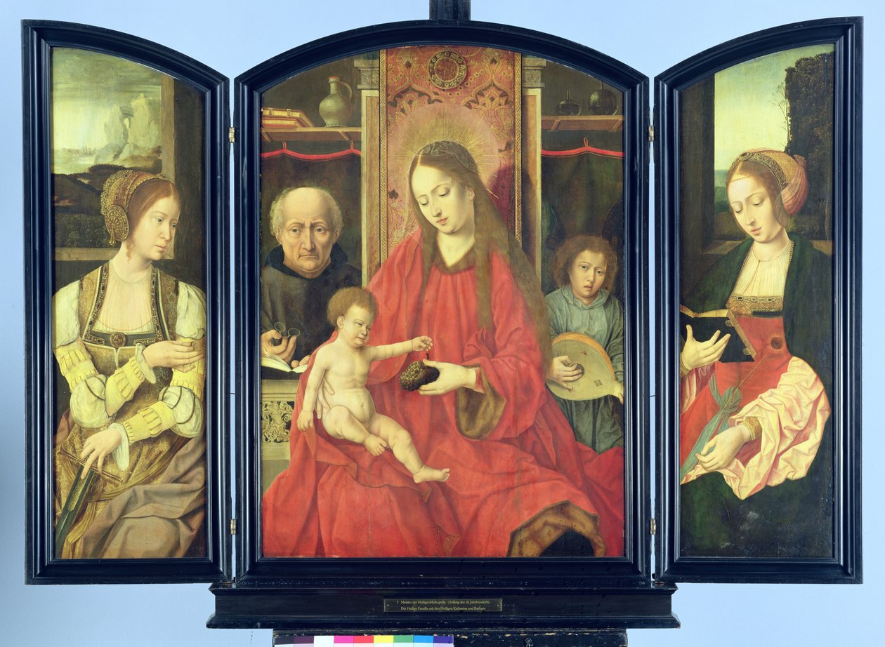 Den hellige familie med St. Catherine og St. Barbara, triptyk (tempera på panel) av Master of the Holy Blood