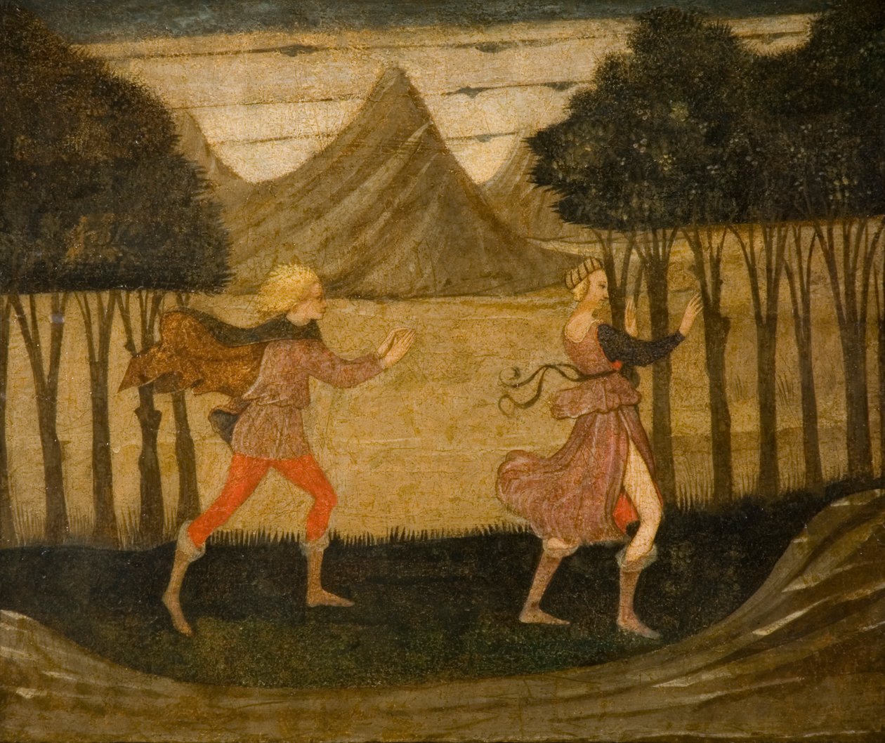 Daphne forfulgt av Apollo (tempera på panel) (se også 90393) av Master of the Judgement of Paris