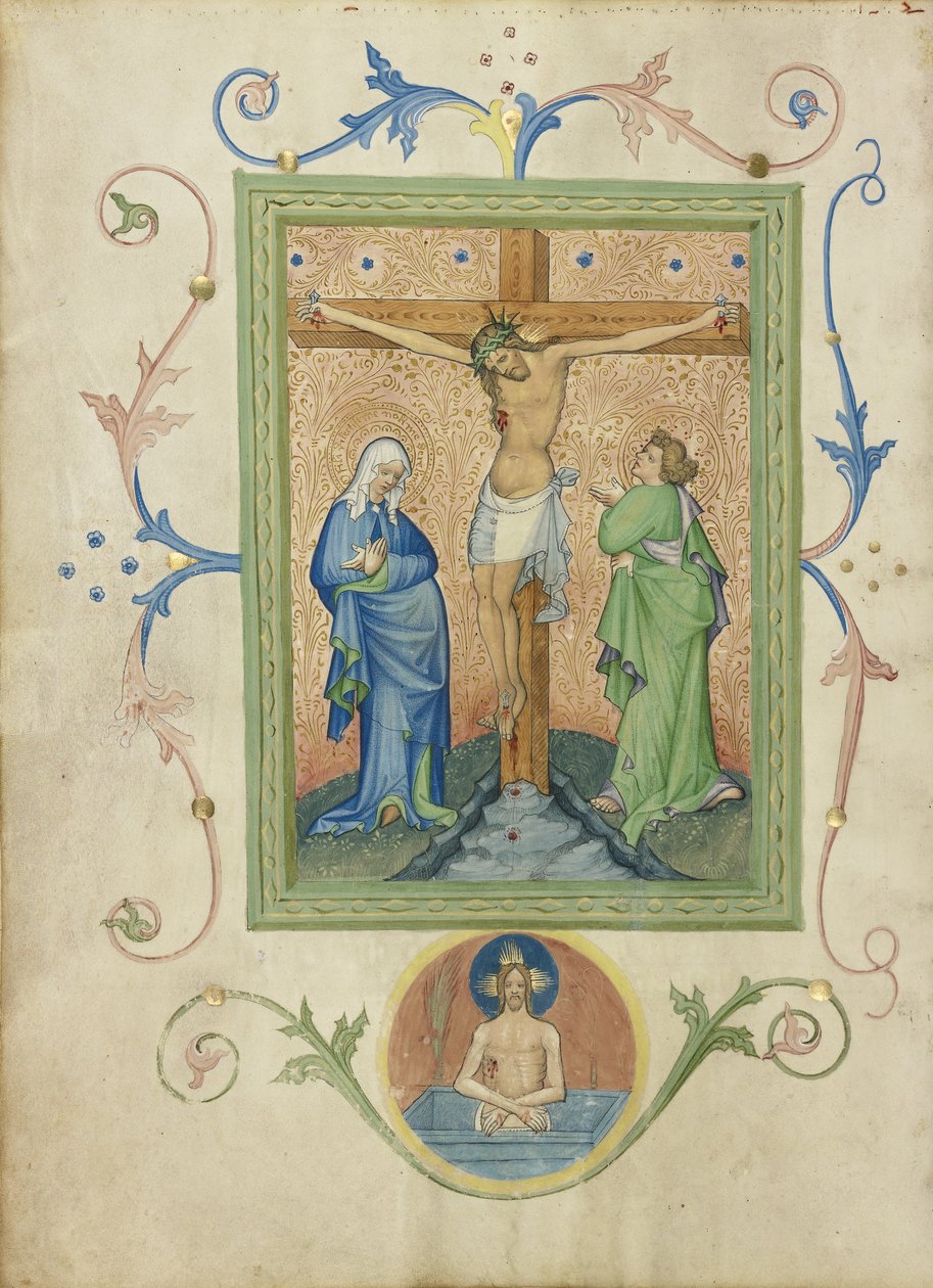 Korsfestelsen fra Collegium Ducale-missalet, ca. 1420-30 (temperafarger, bladgull og blekk på pergament) av Master of the Kremnitz Stadtbuch
