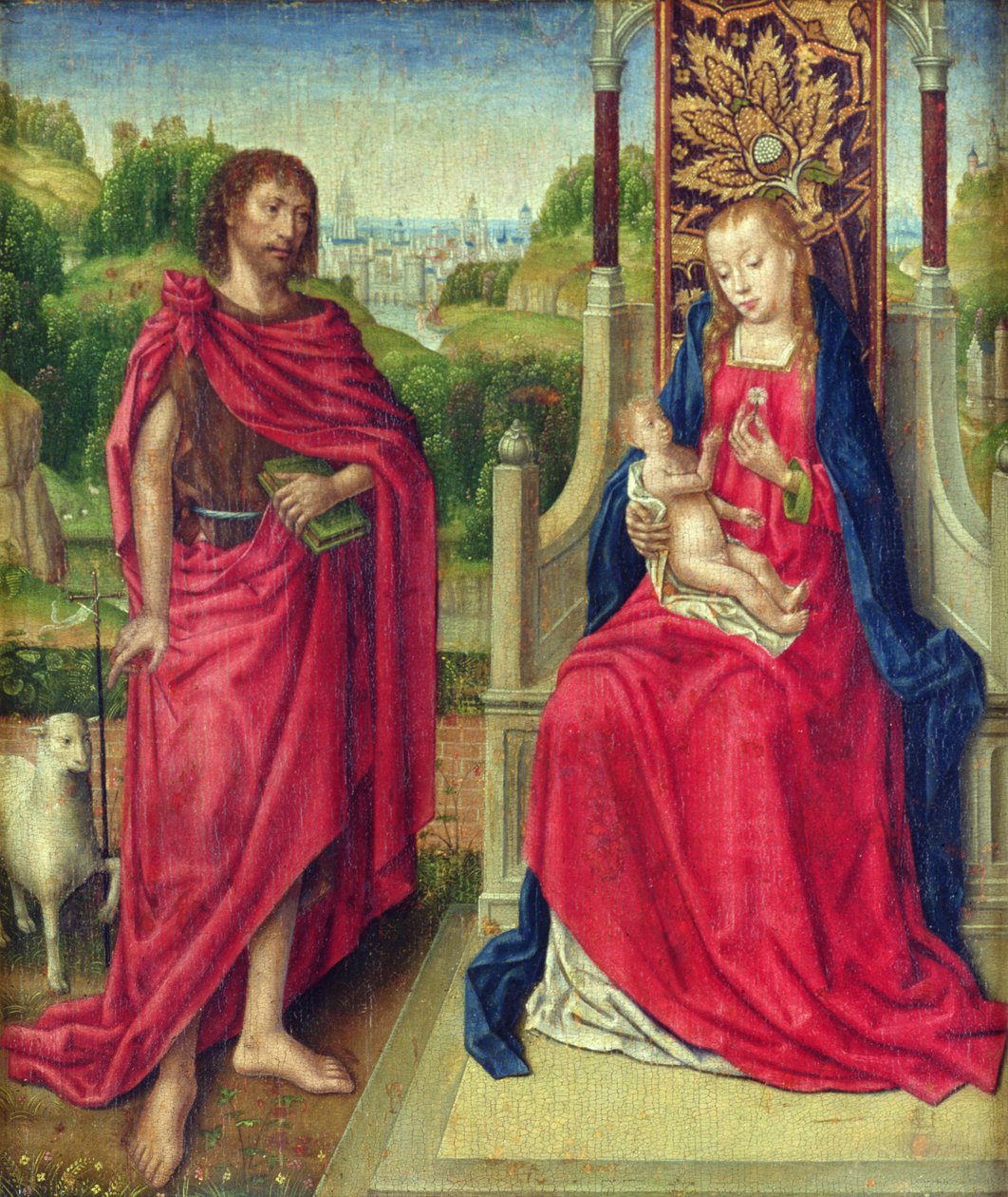 Madonna og barn med døperen Johannes, ca. 1480-90 av Master of the Legend of St. Ursula