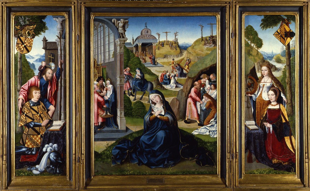 Ashwellthorpe Triptych of the Seven Sorrows of Mary, som viser scener fra Jomfruens liv, med sidepaneler som viser to givere med SS. Catherine og Christopher, ca. 1520 av Master of the Legend of the Magdalen