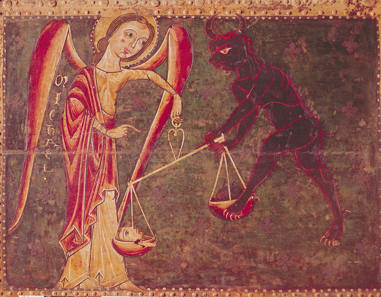 St. Michael Weighing Souls, fra en altertavle dedikert til erkeengelen Michael, ca. 1200 (tempera på panel) av Master of the Llusanes