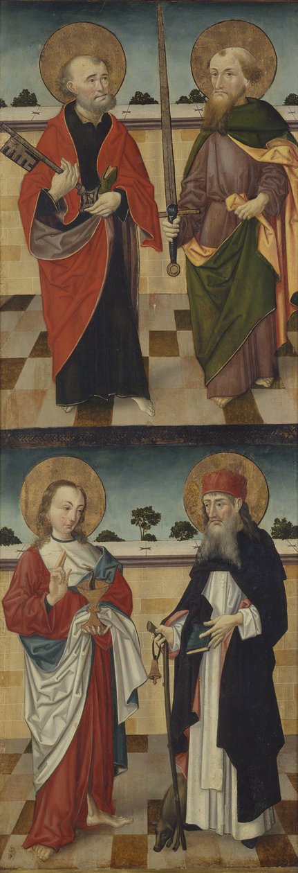 Øverst: St. Peter holder en nøkkel og St. Paul holder et sverd; Nederst: St. Johannes evangelisten holder en kalk som inneholder en slange og St. Antonius den store holder en pilegrimsstang med en gris ved føttene, av Master of the Luneburg Footwashers
