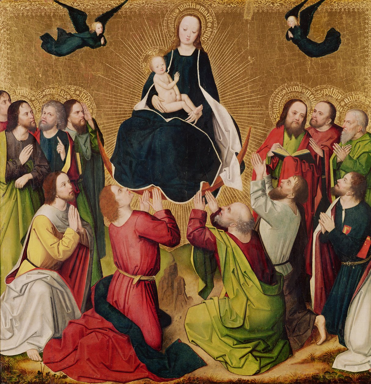 The Virgin in Glory with the Apostles, sentralpanel i en triptyk, sent på 1400-tallet (panel) av Master of the Lyversberg Passion
