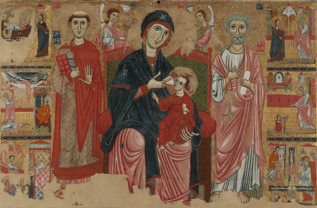 Jomfru og barn tronet med de hellige Leonard og Peter og scener fra St. Peters liv, rnc.1280 (tempera på panel) av Master of the Magdalen