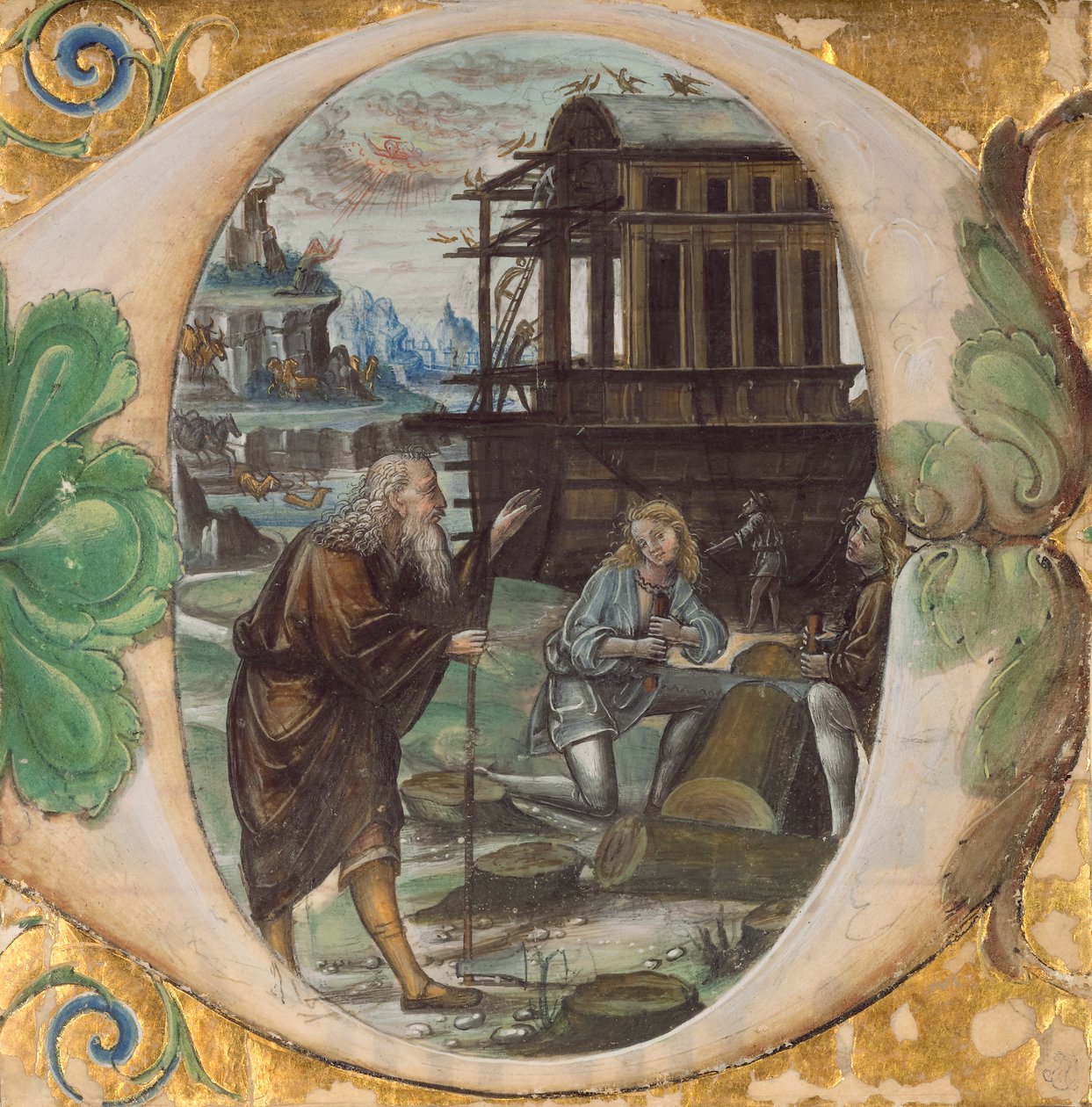 Initial D: Noah Directing the Construction of the Ark, ca. 1500 (tempera, bladgull og blekk på pergament) av Master of the Monogram B.F Master of the Monogram B.F