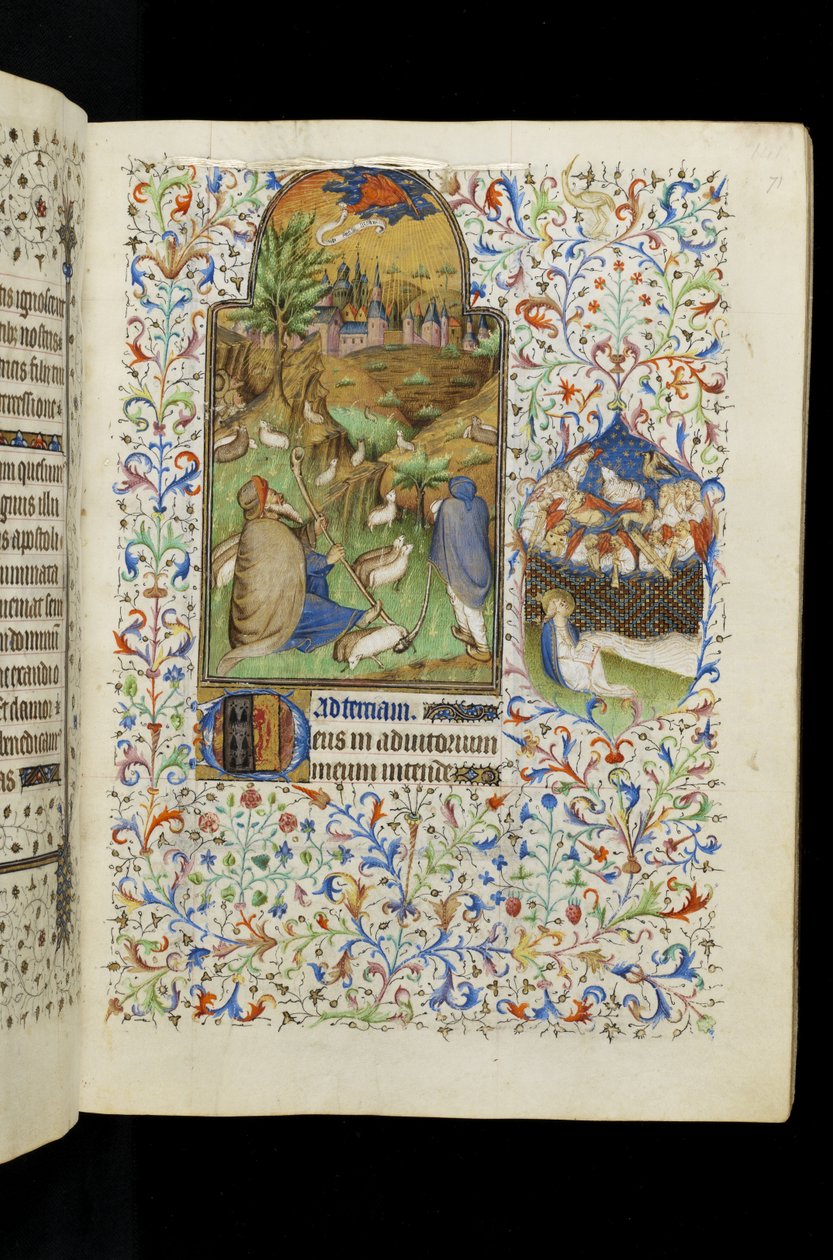MS 62 f.71r Tierce of the Virgin: Engel som viser seg for gjeterne, fra en timebok av Master of the Rohan Hours