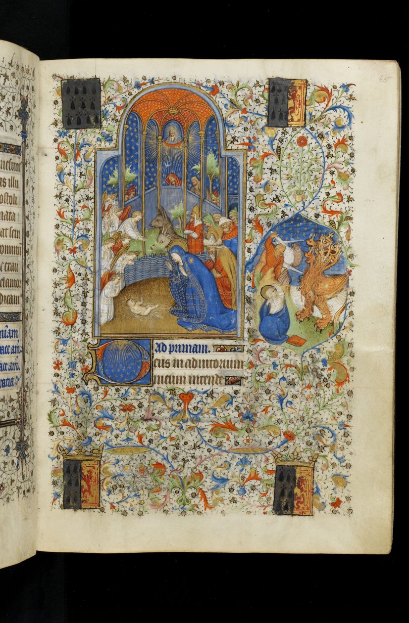 Ms 62 f.65r Jomfruen og Josef tilber spedbarnet Kristus, fra en timebok, ca. 1418 av Master of the Rohan Hours