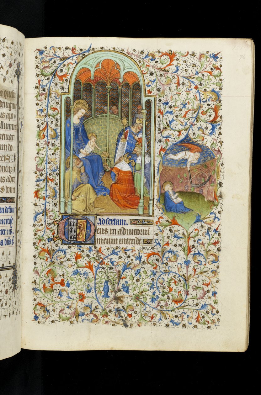 Ms 62 f.76r Tilbedelse av kongene; St. Johannes og engel med sigd, fra en timebok av Master of the Rohan Hours