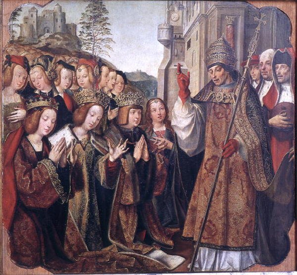Paven velsigner St. Auta, St. Ursula og Prins Etherius, fra St. Auta-altertavlen, ca. 1520 av Master of the St. Auta Altarpiece
