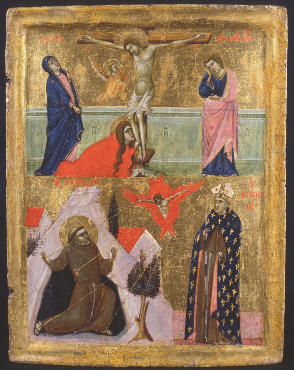Korsfestelse og stigmata av St. Frans av Assisi og St. Lodovico av Toulouse (tempera på panel) av Master of the Sterbini Diptych