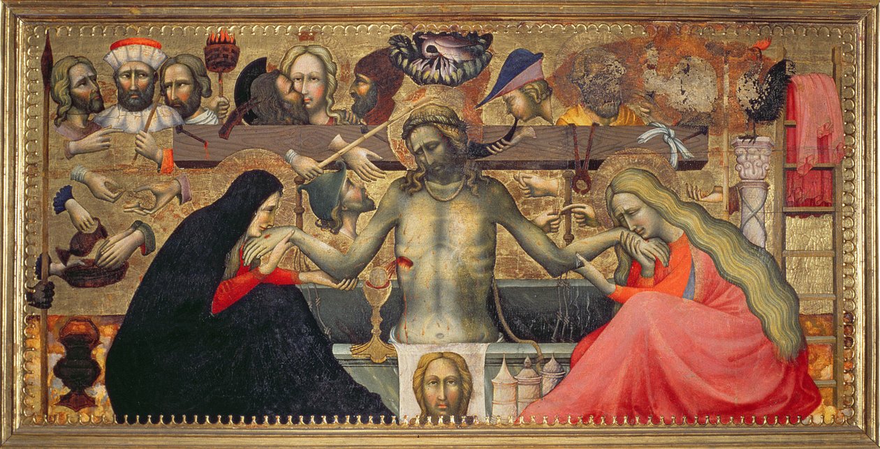 Man of Sorrows med lidenskapens instrumenter (tempera på panel) av Master of the Straus Madonna