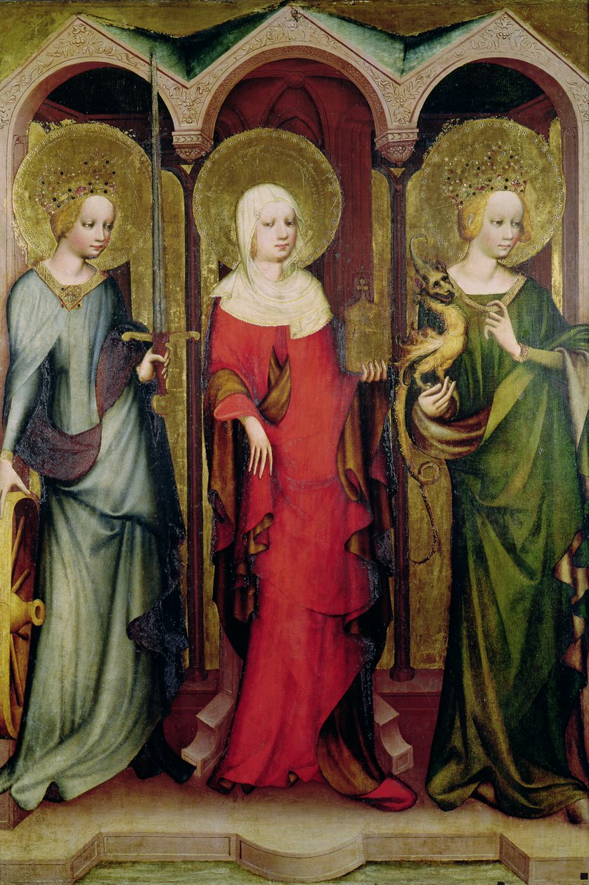 St. Katarina av Alexandria, St. Maria Magdalena og St. Margareta av Antiokia, ca. 1380 (tempera på panel) av Master of the Trebon Altarpiece