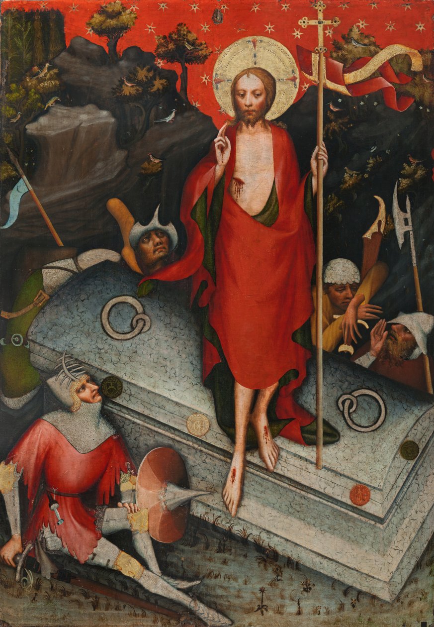 The Resurrection, SS James the Less, Bartholomew, Philip, etter 1380 (tempera på lerret) av Master of the Trebon Altarpiece